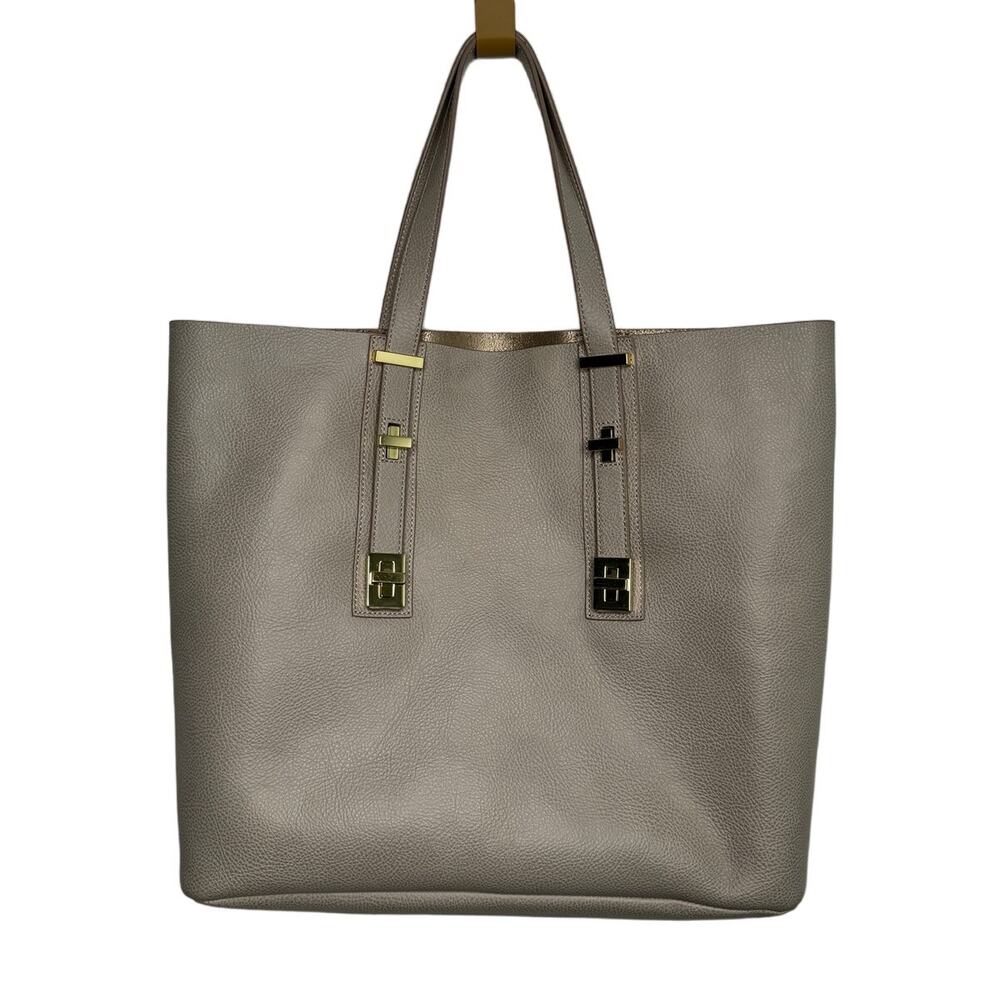 India Hicks Solitaire Tote Gray Pebbled Leather Gold Hardware Large Shoulder Bag - Picture 2 of 16